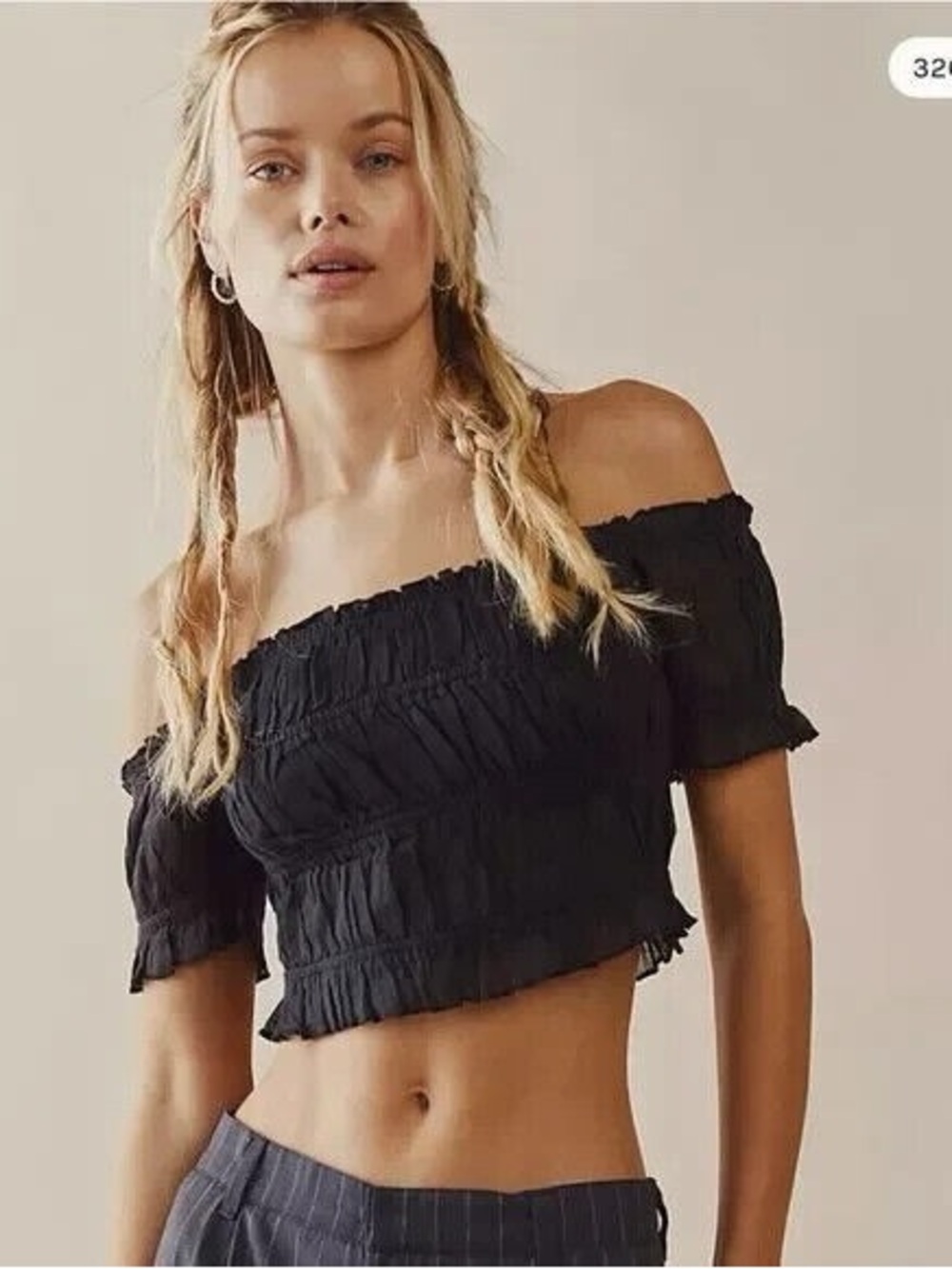 Free People FP One Cheri Smocked Off Shoulder Crop Top Black S EUC